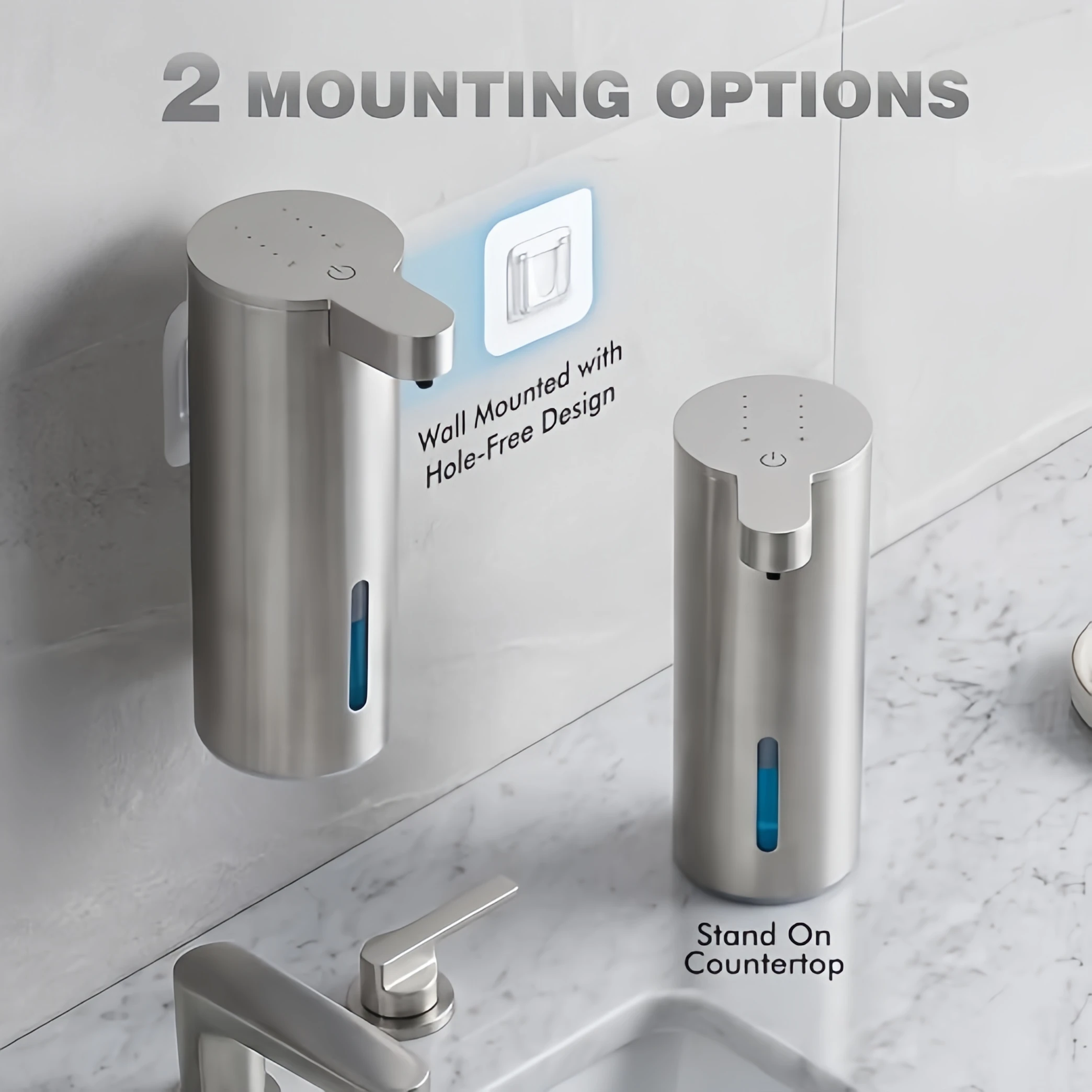  Dispensador de Jabón Líquido y Espuma de Acero Inoxidable, Múltiples Niveles, Carga Eléctrica Sin Contacto, Montaje Vertical en Pared para Baño