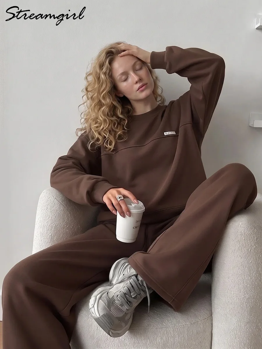 Conjunto Deportivo Otoñal para Mujer, Pantalones Marrones, Conjunto de Sudadera y Pantalones Deportivos de Algodón con Cuello Redondo, Conjunto de 2 Piezas en Azul