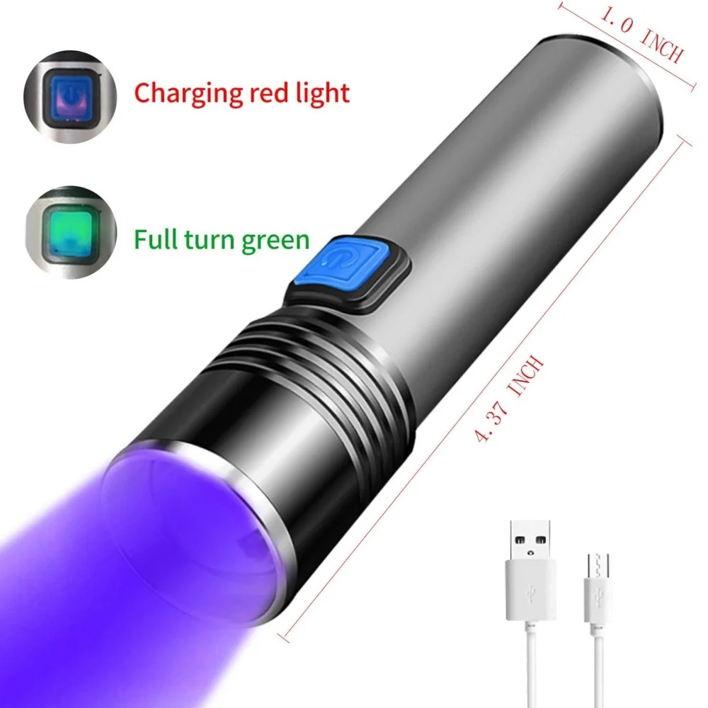 Linterna UV recargable por USB de 365nm, linterna de luz ultravioleta portátil de aluminio, luz negra, Detector de orina para mascotas, linternas negras