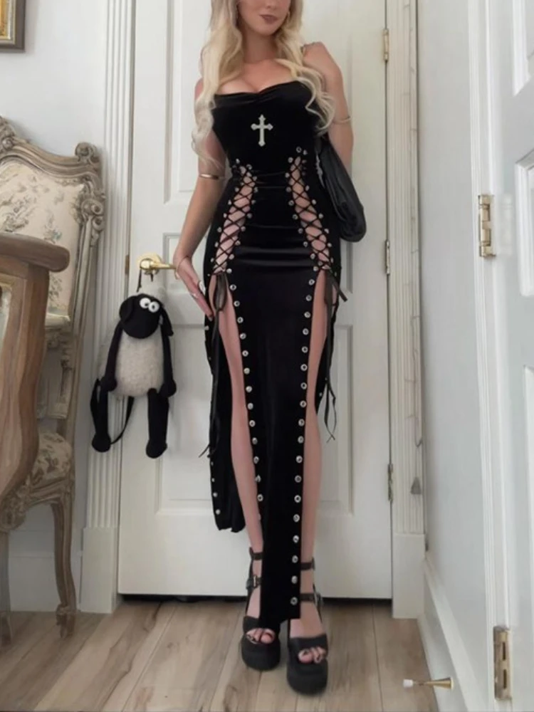 AltGoth-vestido gótico de terciopelo oscuro para mujer, ropa de calle Sexy Y2k E-girl Harajuku Grunge, vestido de fiesta con cordones dividido de cintura alta para mujer
