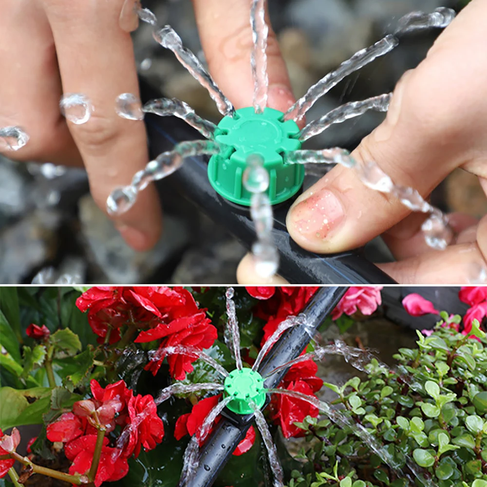 Microboquillas de riego para invernadero, goteros de flujo ajustable de 8 orificios para jardín, cama de flores, 20/50/100 piezas