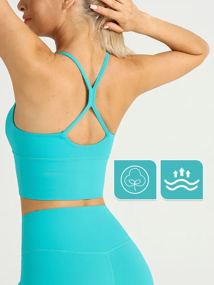 Color sólido mujeres gimnasio Yoga sensación desnuda Sexy espalda cruzada Y forma Sujetador deportivo Fitness Yoga trotar entrenamiento deportes mujeres Sling