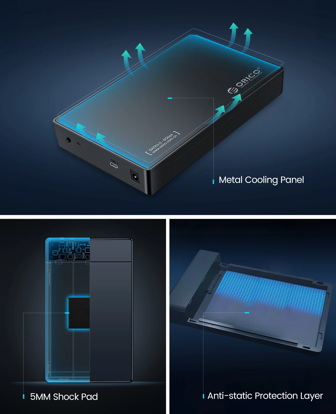 ORICO-carcasa de disco duro externo de 3,5 pulgadas, carcasa tipo C SATA a USB3.0 HDD para SSD de 2,5/3,5 pulgadas, compatible con UASP