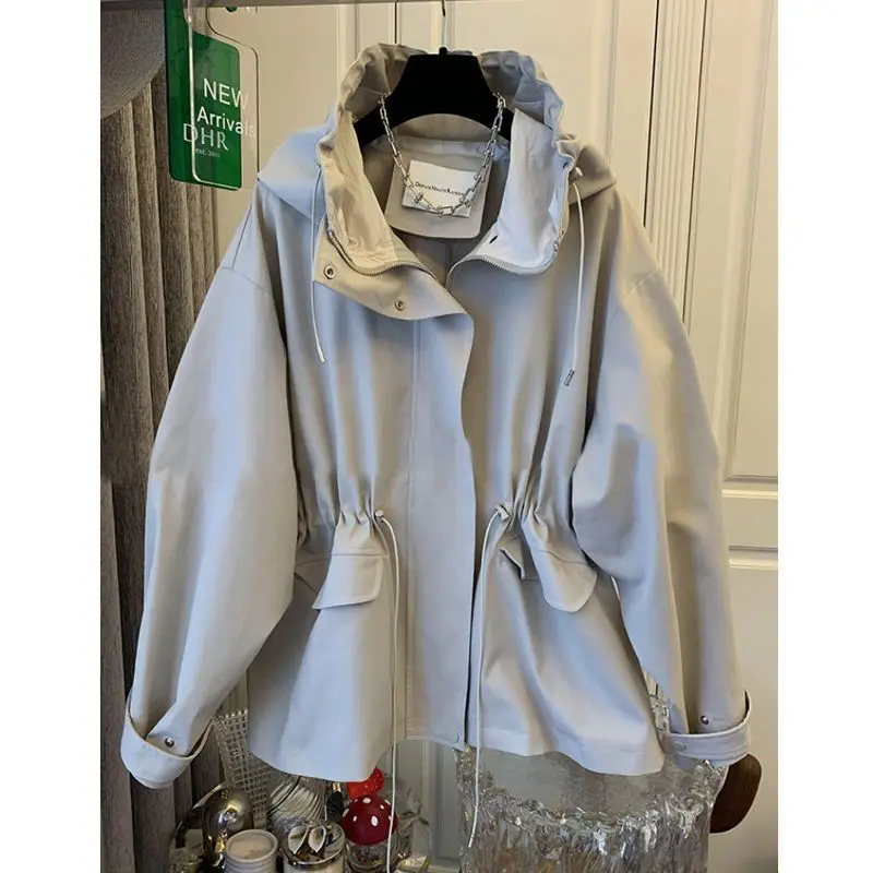 Gabardina con capucha de algodón caqui para mujer, abrigo corto nuevo de otoño e invierno, Top holgado informal Retro