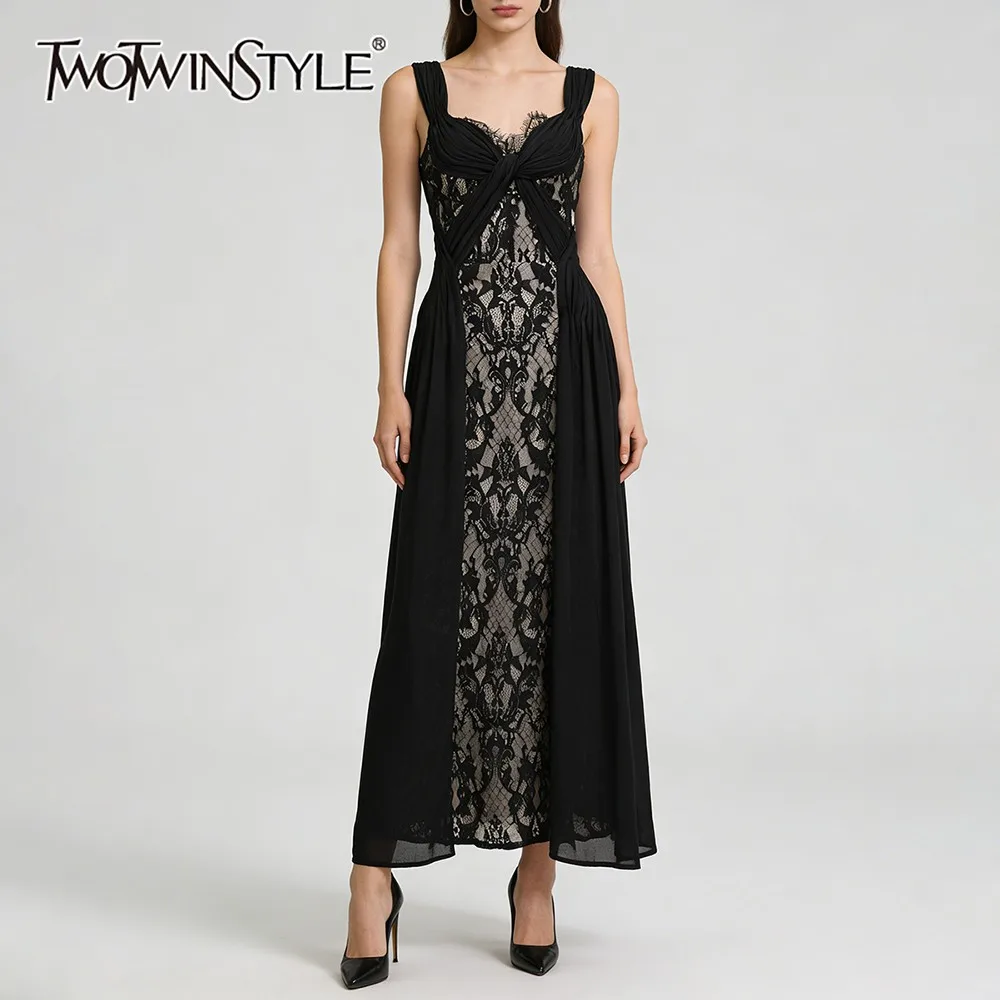 TWOTWINSTYLE Vestidos Largos Sexys de Encaje con Recortes para Mujer, Cuello en V, Sin Mangas, con Pliegues, Vestido Entallado, Ropa Femenina