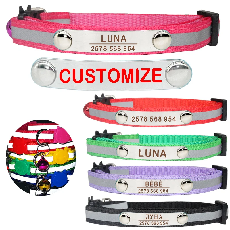 Collar de gato reflectante personalizado, ID personalizado, hebilla de seguridad ajustable con campana, grabado gratis, Collar de nailon para cachorros y gatitos