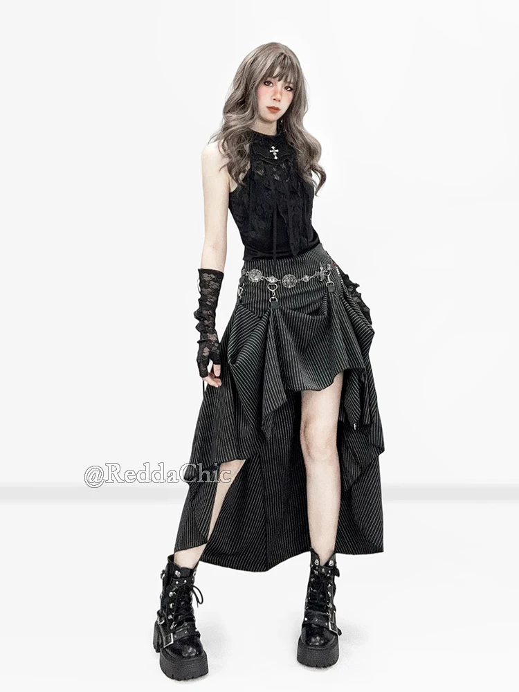 REDDACHiC Falda de Traje a Rayas Negras Estilo Grunge Retro, Falda Maxi de Cola de Pez de 3 Vías con Corte Alto-Bajo y Cola Larga, Ropa Gótica Alternativa para Mujer