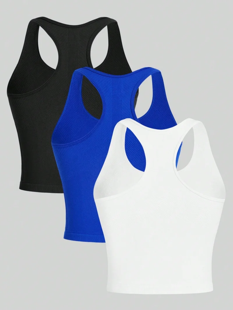Chaleco de Yoga de 3 piezas para mujer, Tops cortos deportivos con espalda cruzada, ropa de calle sin costuras, camiseta sin mangas transpirable de entrenamiento de punto acanalado para mujer