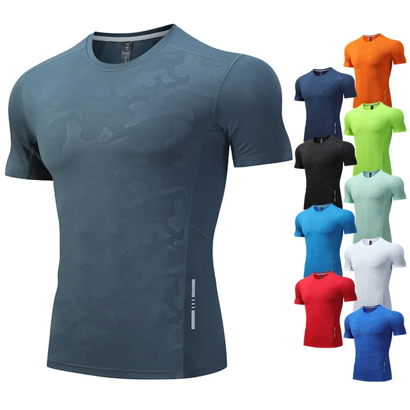 Camiseta deportiva de poliéster para hombre, camisa de compresión para correr, Fitness, gimnasio, entrenamiento al aire libre, ropa de ajuste muscular