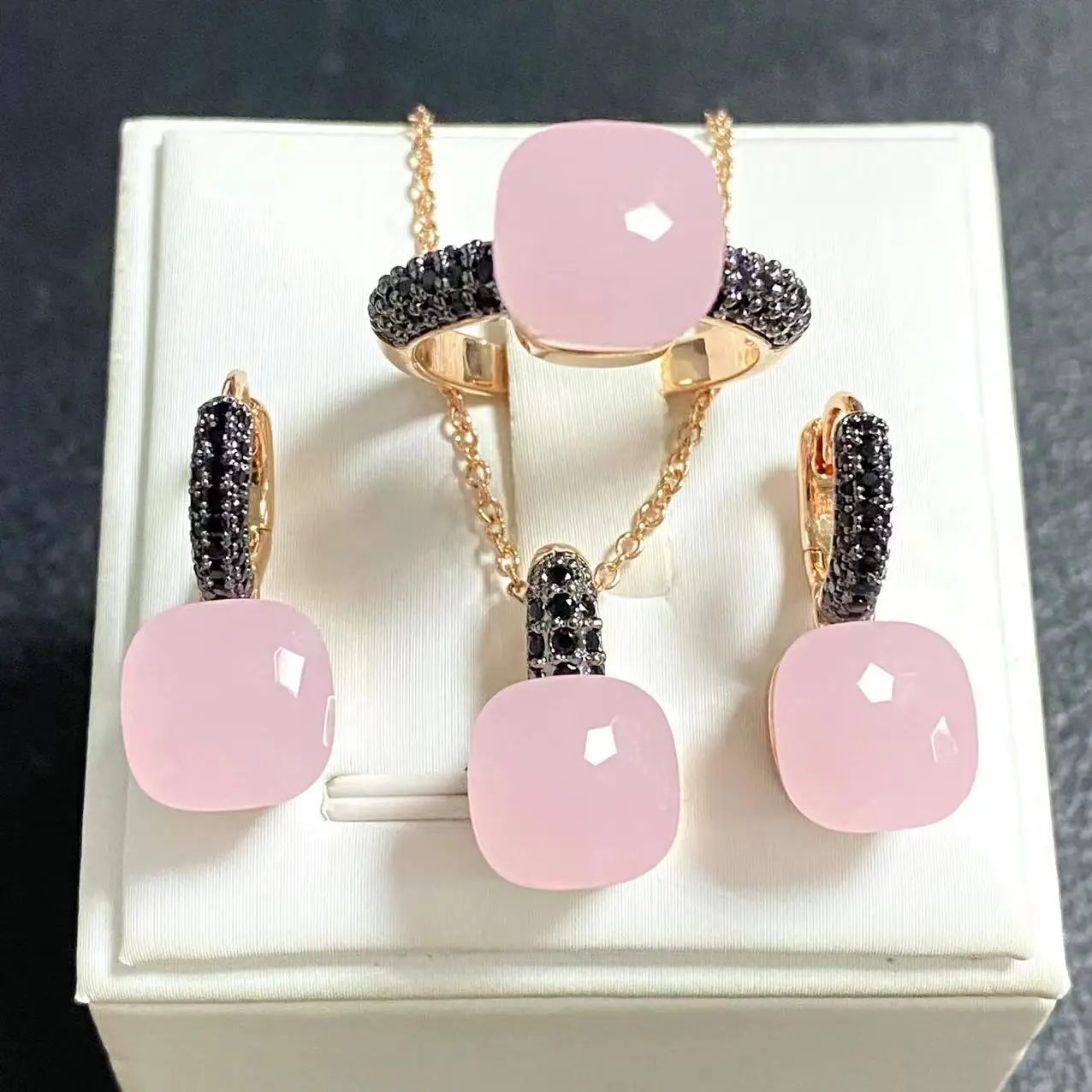 3 unids/set de pendientes de anillo para mujer, conjunto de joyería con incrustaciones de pistola de circón negro, conjunto de joyería de cristal chapado en negro, regalo de joyería