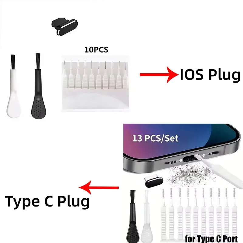 Puerto de carga para teléfono móvil, tapón antipolvo con cepillo de limpieza para IPhone 15, 14, 13, 16Pro Max Plus, Samsung, Xiaomi, IOS, juego de limpieza tipo C