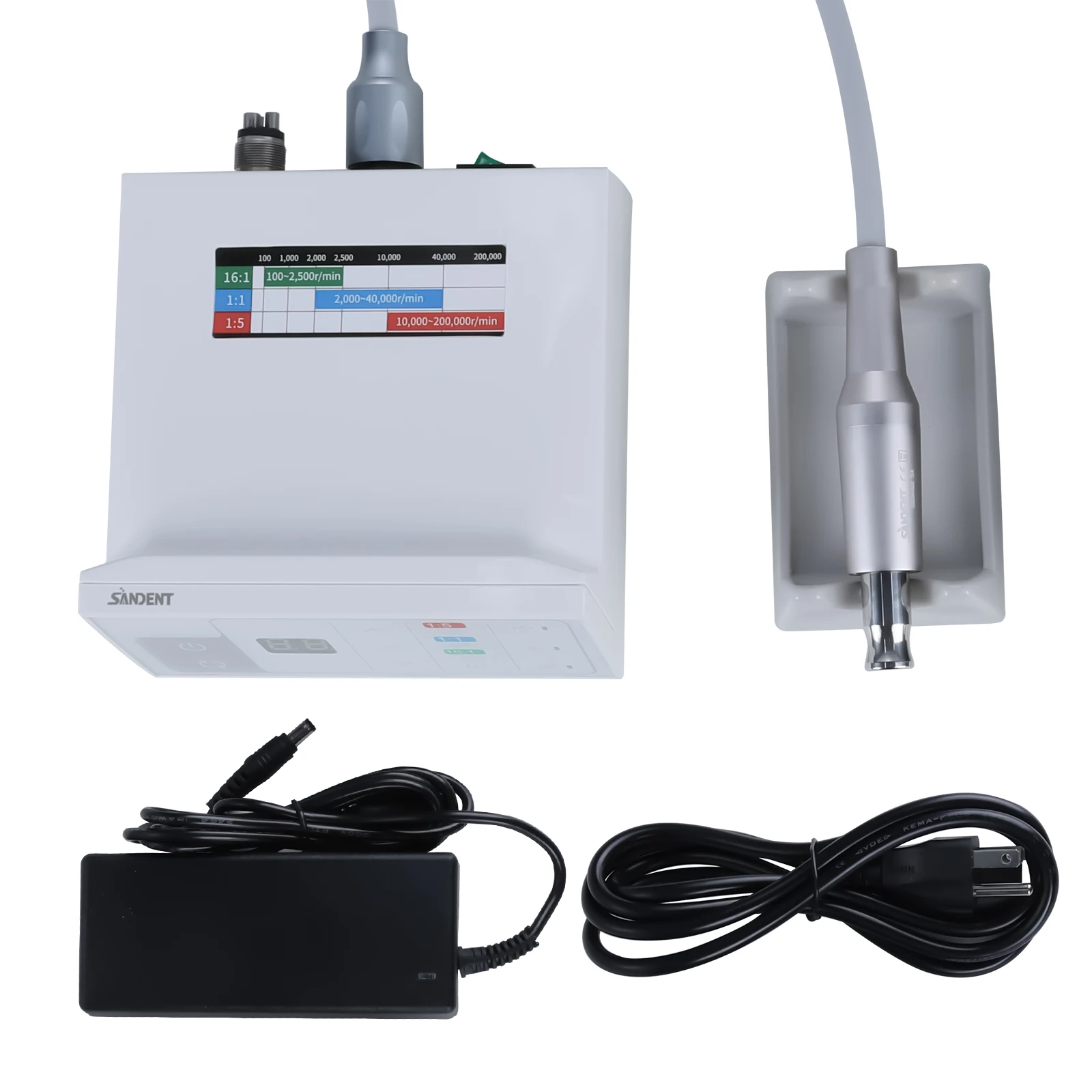 Micromotor Eléctrico Dental SANDENT sin Escobillas con LED, 4 Orificios, Compatible con Piezas de Mano 1:1, 1:5, 16:1, Tipo E, DTA