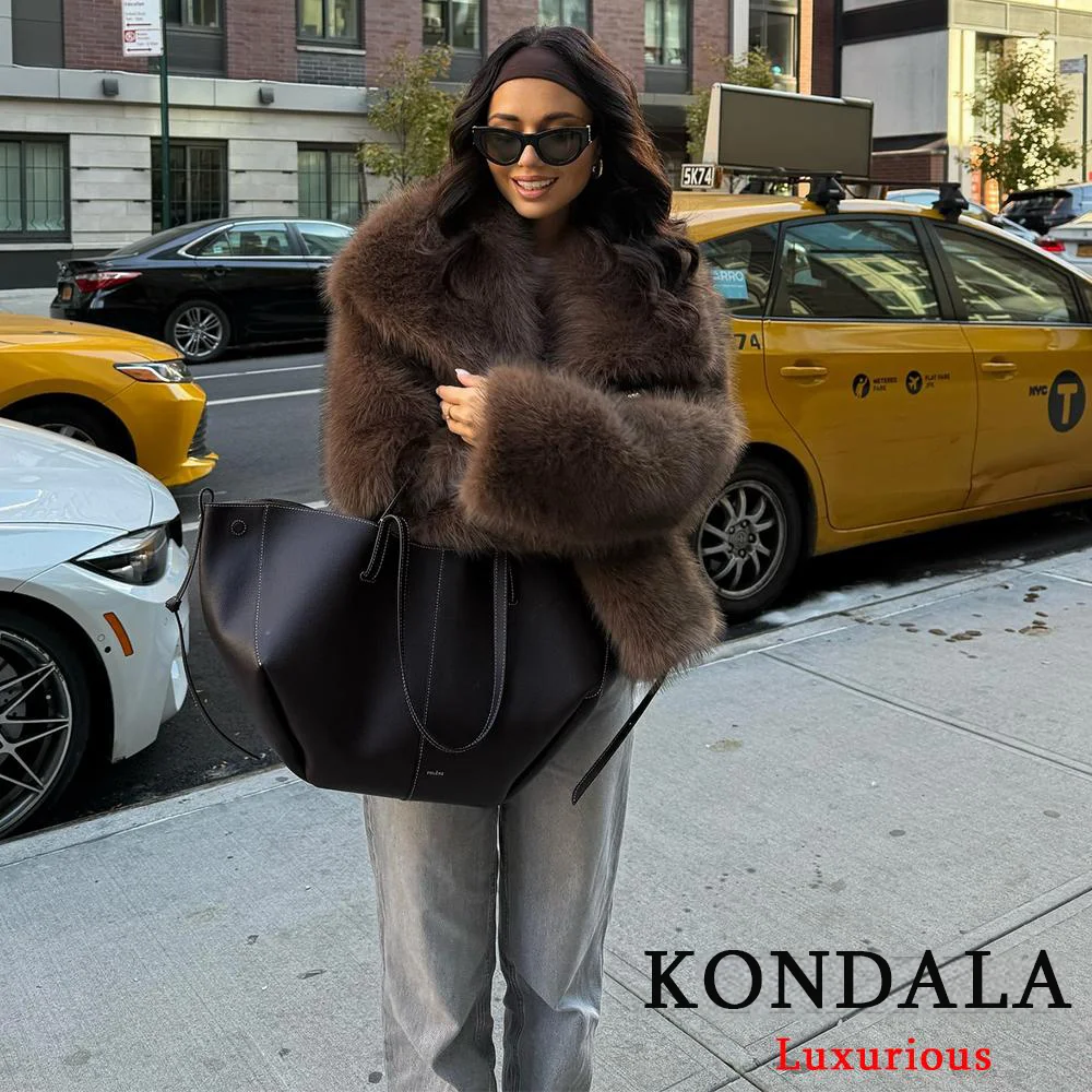 KONDALA, chaquetas informales de piel gruesa marrón para mujer, abrigos de piel sintética de manga larga con cuello en V para otoño e invierno, ropa de calle a la moda 2025