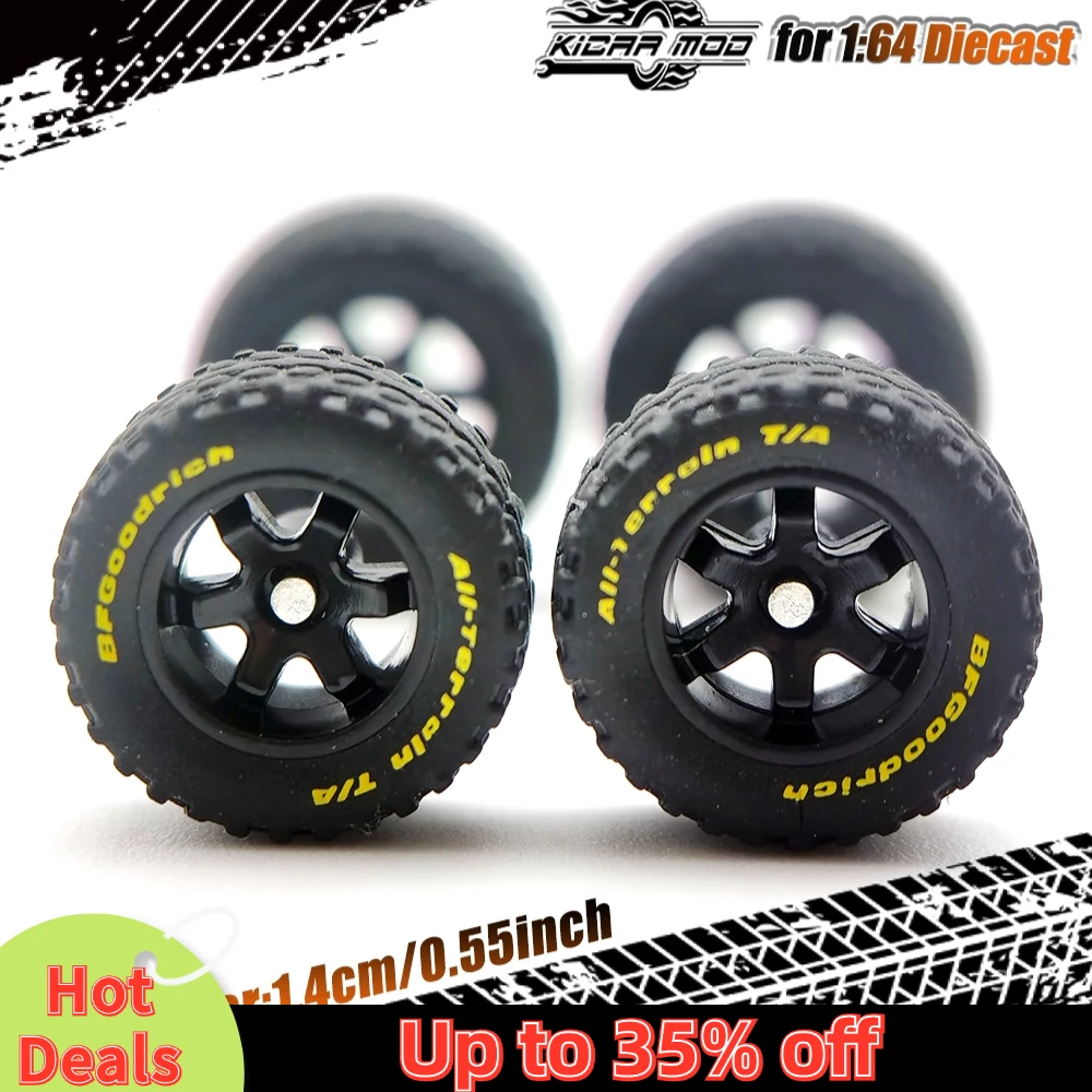 Neumáticos de goma de 14 mm (1/64) con letras y rines de coche de fundición a presión para vehículos todoterreno a escala 1:64, dedicados a camionetas pickup y sedanes grandes (1 juego)