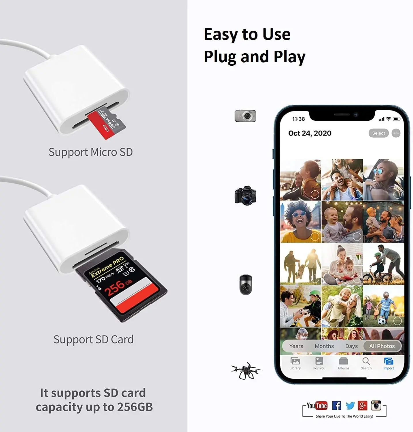 Lector de tarjetas SD TF 3 en 1 para iPhone 14 12 13 11 Pro Max XR XS USB-A convertidor de cámara hembra para adaptador iPhone OTG