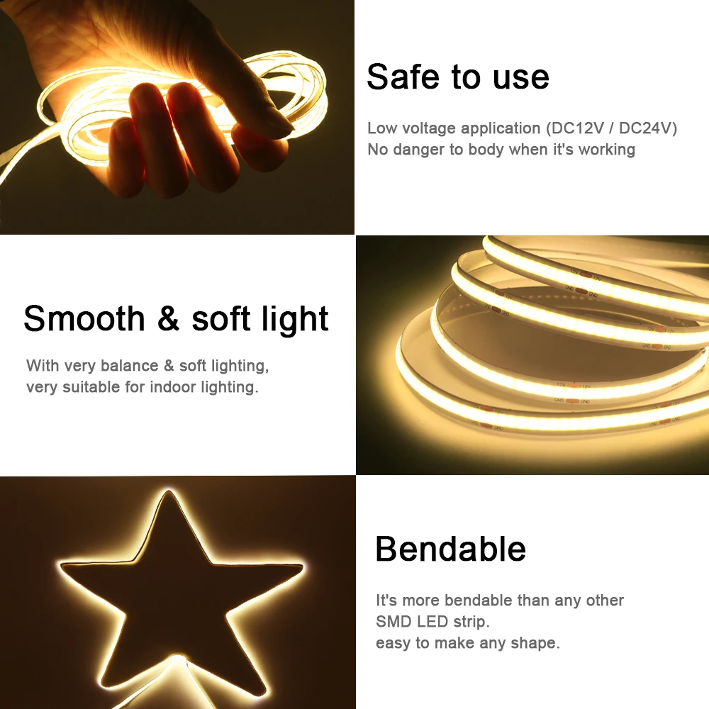 Tira de luces LED COB 5V 12V 24V 320 480 384 528 LED cinta Flexible 5mm 3mm 8mm PCB blanco Natural cálido luces lineales de alta densidad