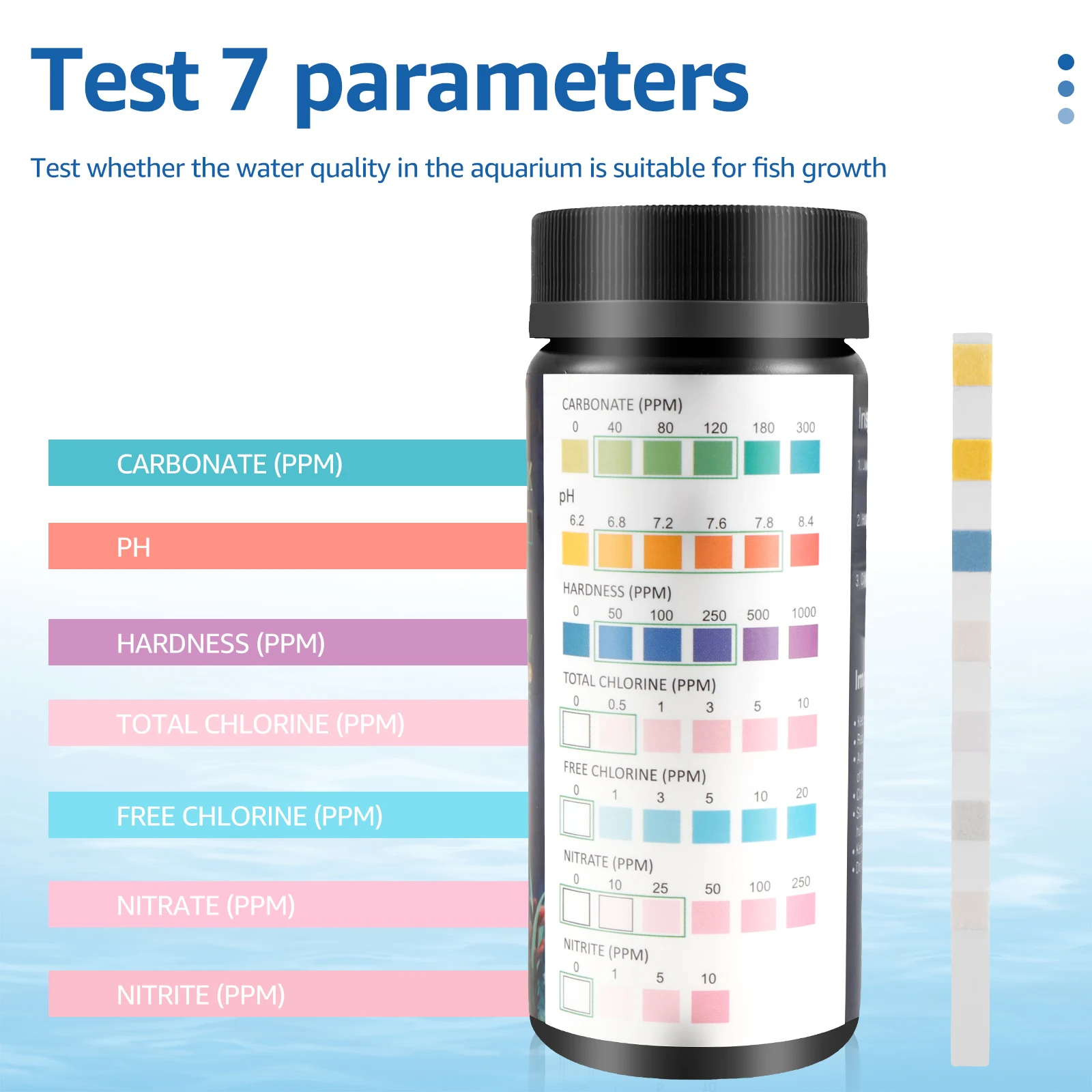 100 Uds tiras de prueba de acuario tira de prueba de calidad del agua 7/en1 Kit de prueba de tanque de peces agua dulce agua salada acuario tiras de prueba de pH