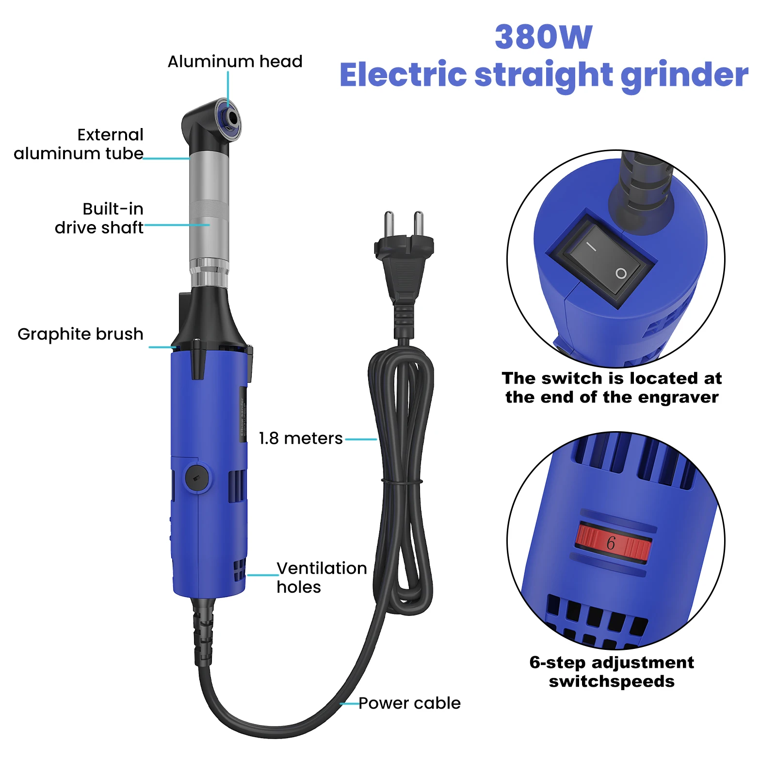 90 °   Herramienta de pulido y lijado para azulejos cerámicos, amoladora recta eléctrica de 350W-500W, 6 velocidades variables, con iluminación.