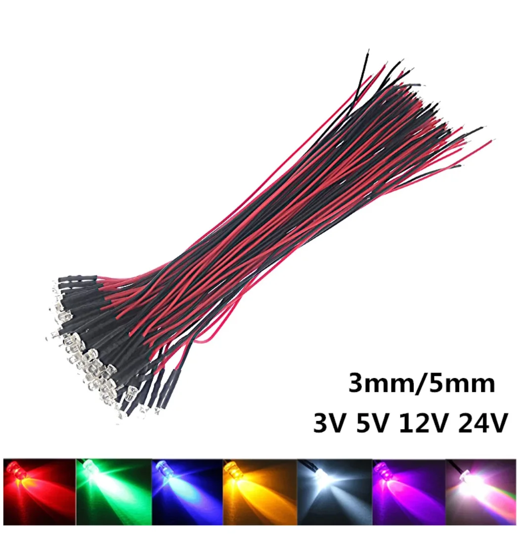 20-100 Uds 3mm/5mm/10mm rojo/verde/azul/RGB blanco UV DC12V 5V 24V LED redondo precableado transparente de agua con soporte de plástico
