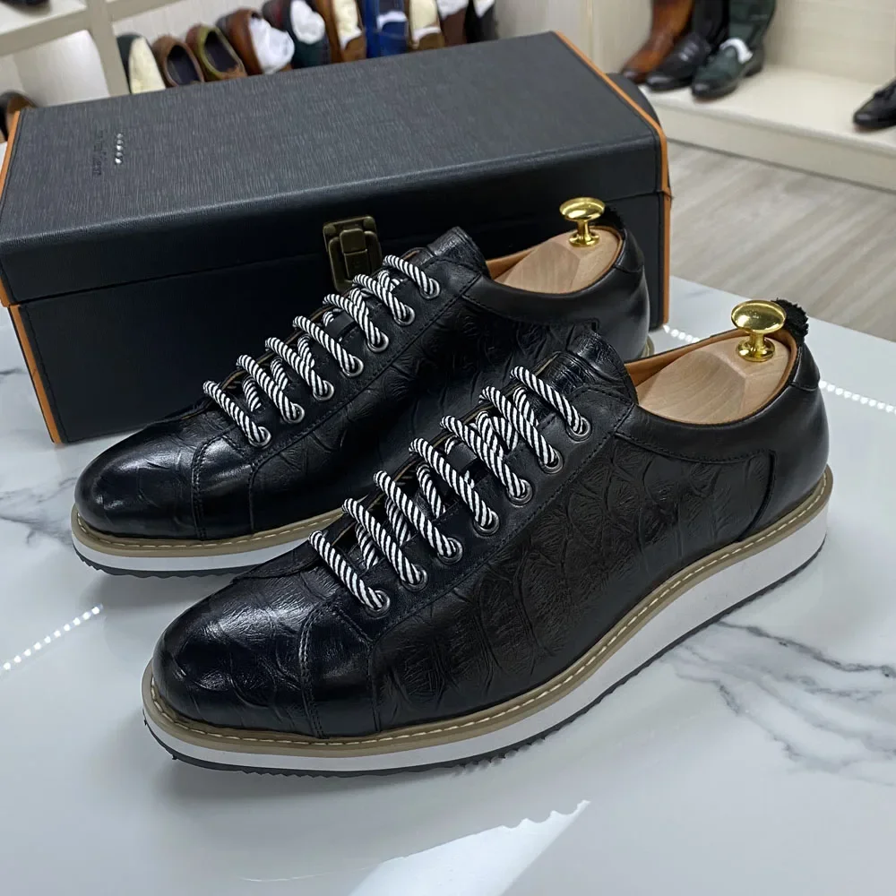 Zapatos informales clásicos para hombre, zapatillas de deporte de moda con cordones de cuero genuino, zapatos planos de viaje callejero con estampado de cocodrilo de marca de lujo para hombre
