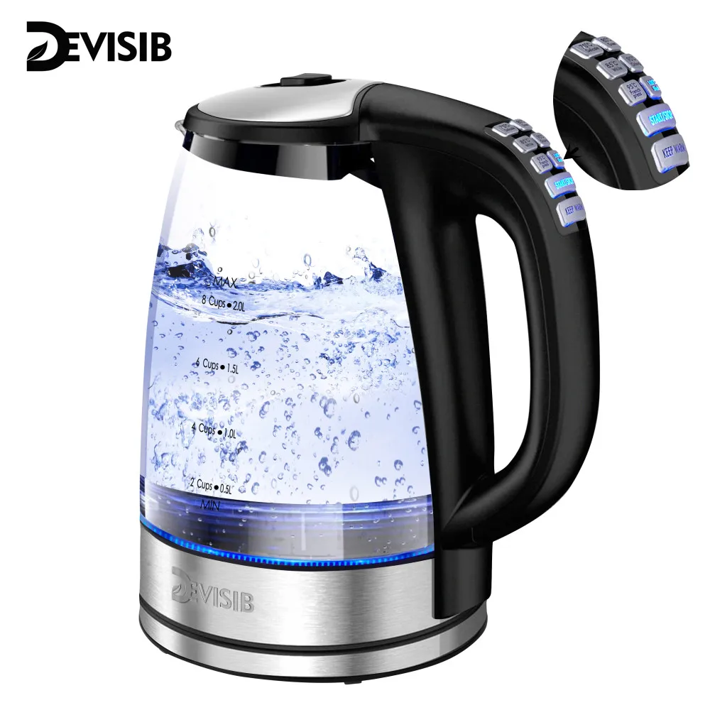 DEVISIB Hervidor eléctrico de vidrio, ebullición rápida de 2200 W, control de temperatura, mantener caliente las 4 horas, tetera de 2,0 L y caldera de agua caliente