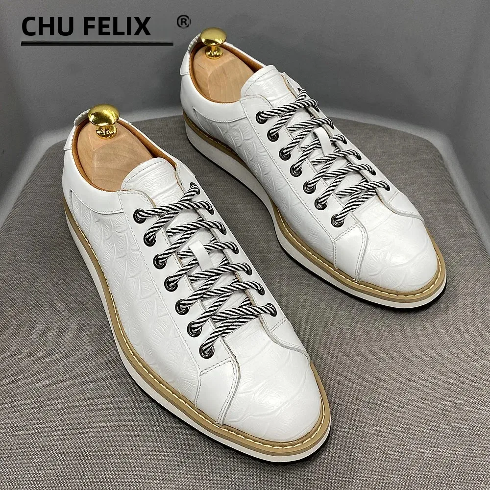 Zapatos informales clásicos para hombre, zapatillas de deporte de moda con cordones de cuero genuino, zapatos planos de viaje callejero con estampado de cocodrilo de marca de lujo para hombre