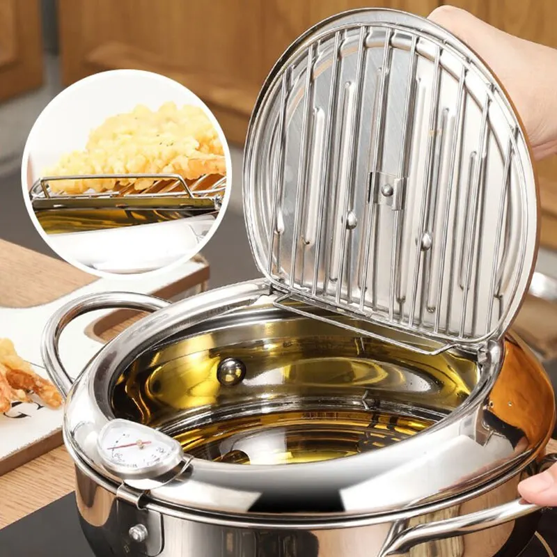Sartén de aceite de acero inoxidable para el hogar, termómetro con cubierta, freidora de aceite Tempura, pequeña, ahorro de aceite, patatas fritas, 1 unidad