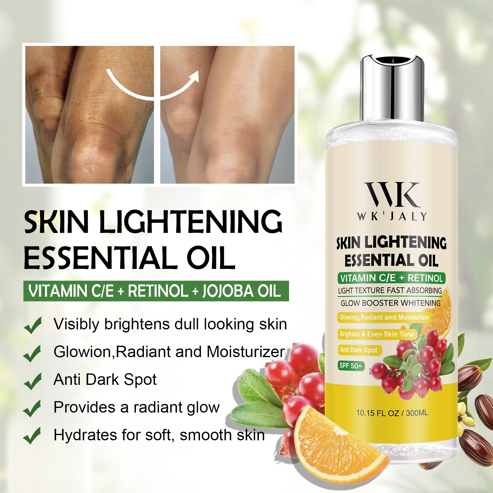 WK JALY Aceite Aclarante con Vitamina C y Retinol, Hidrata, Blanquea, Anti-Manchas Oscuras, Unifica el Tono de Piel, No Grasoso, 300ml