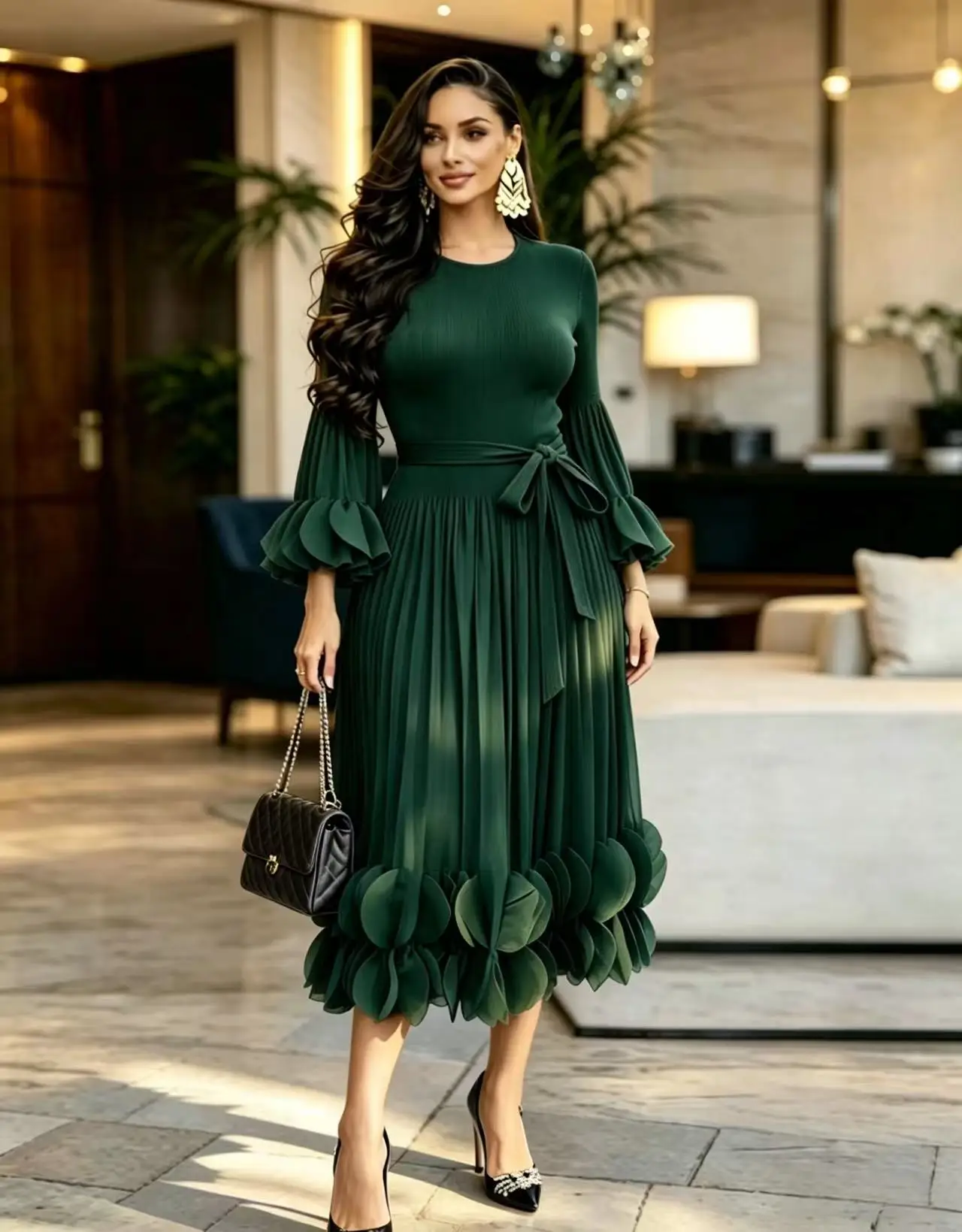 Vestido Largo de Verano para Mujer 2026 Miyake, de Lujo Ligero y Alta Gama, con Cuello Redondo, Diseño Plisado con Volantes y Borde Elegante