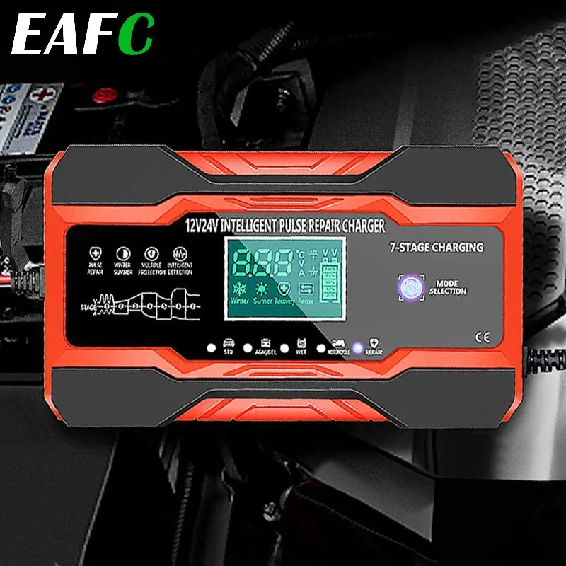 Cargador de batería de coche de 12V-24V, completamente automático, 12V, 10A, cargador de batería de coche Digital, reparación de pulso para AGM GEL, ácido de plomo húmedo