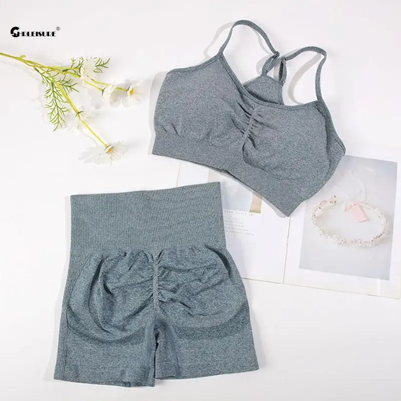 CHRLEISURE-Conjunto deportivo sin costuras para mujer, traje de Yoga de 2 uds, sujetador de Fitness con pantalones cortos de ciclismo, traje de entrenamiento elástico para gimnasio, ropa deportiva