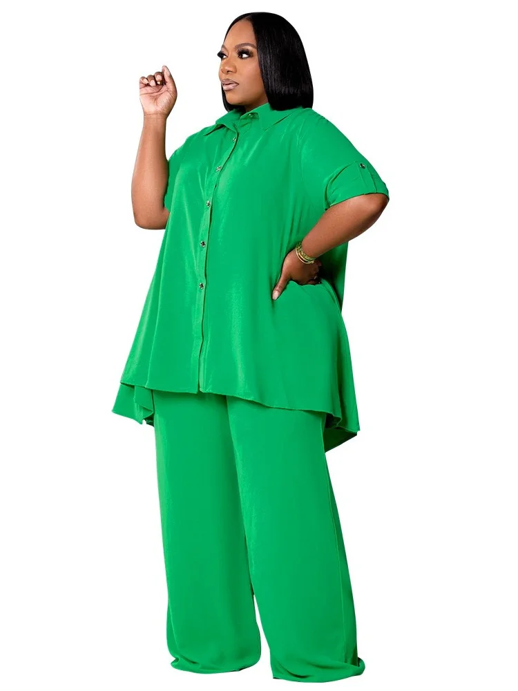 Wmstar-Conjunto de dos piezas de talla grande para mujer, camiseta informal con botones sólidos, pantalones de pierna ancha, trajes femeninos, venta al por mayor, envío directo, 5XL, Verano