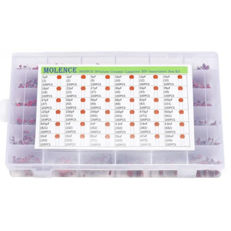 Kit de Condensadores Cerámicos de 36 Tipos y 3600 Piezas, 1PF-100nF 50V, Juego de Condensadores de Disco Surtidos en Caja