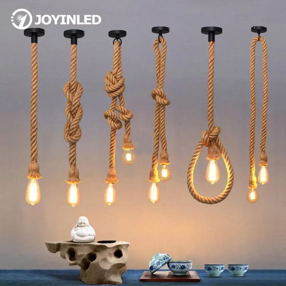 Luces colgantes de cuerda de cáñamo Vintage Industrial E27, iluminación interior con personalidad de ático para Loft/sala de estar/Candelabro colgante de Bar