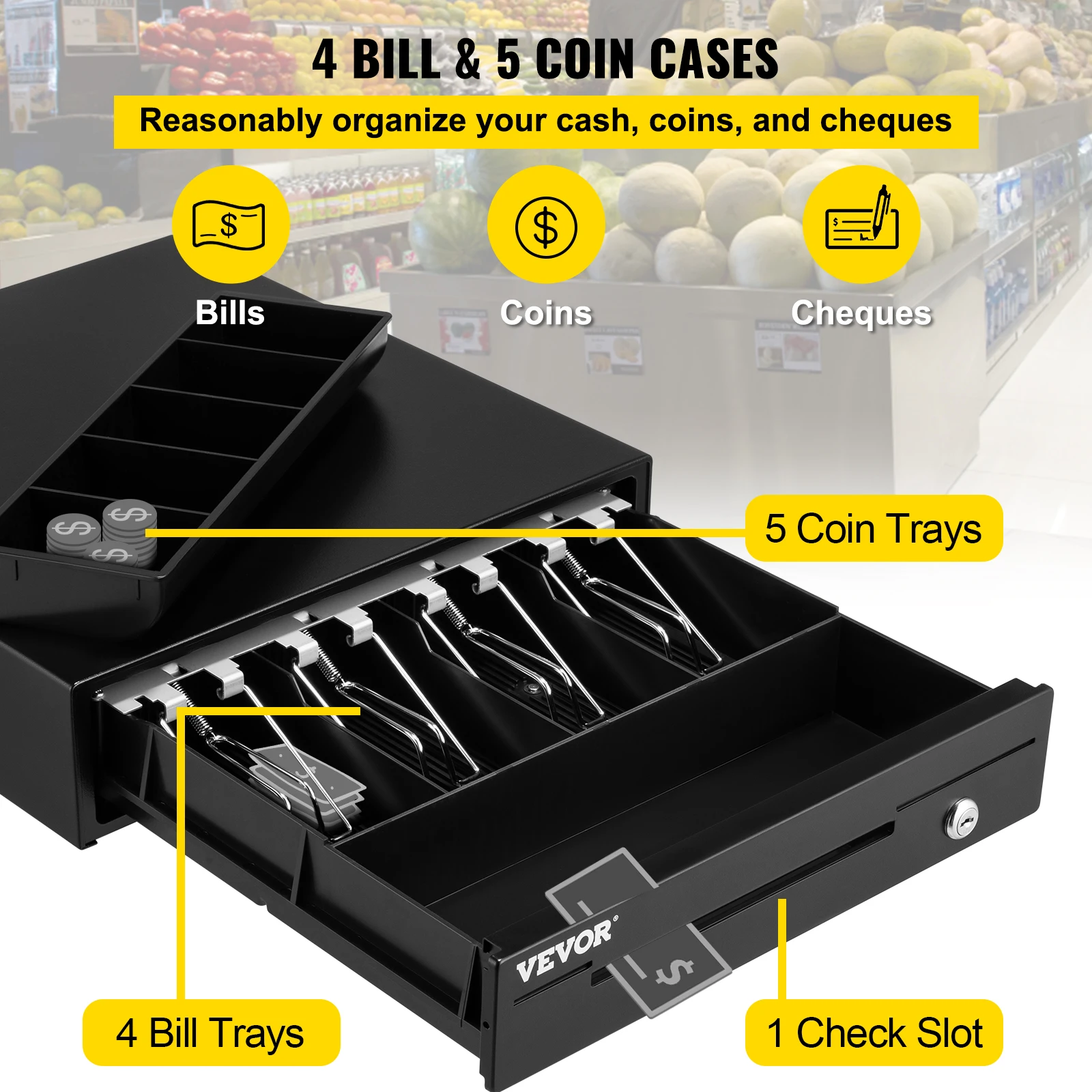 SucceBuy Cajón de caja registradora de 16" y 12 V para bandeja de sistema POS Compartimento para monedas extraíble y 2 llaves incluidas Cajón de cables RJ11/RJ12
