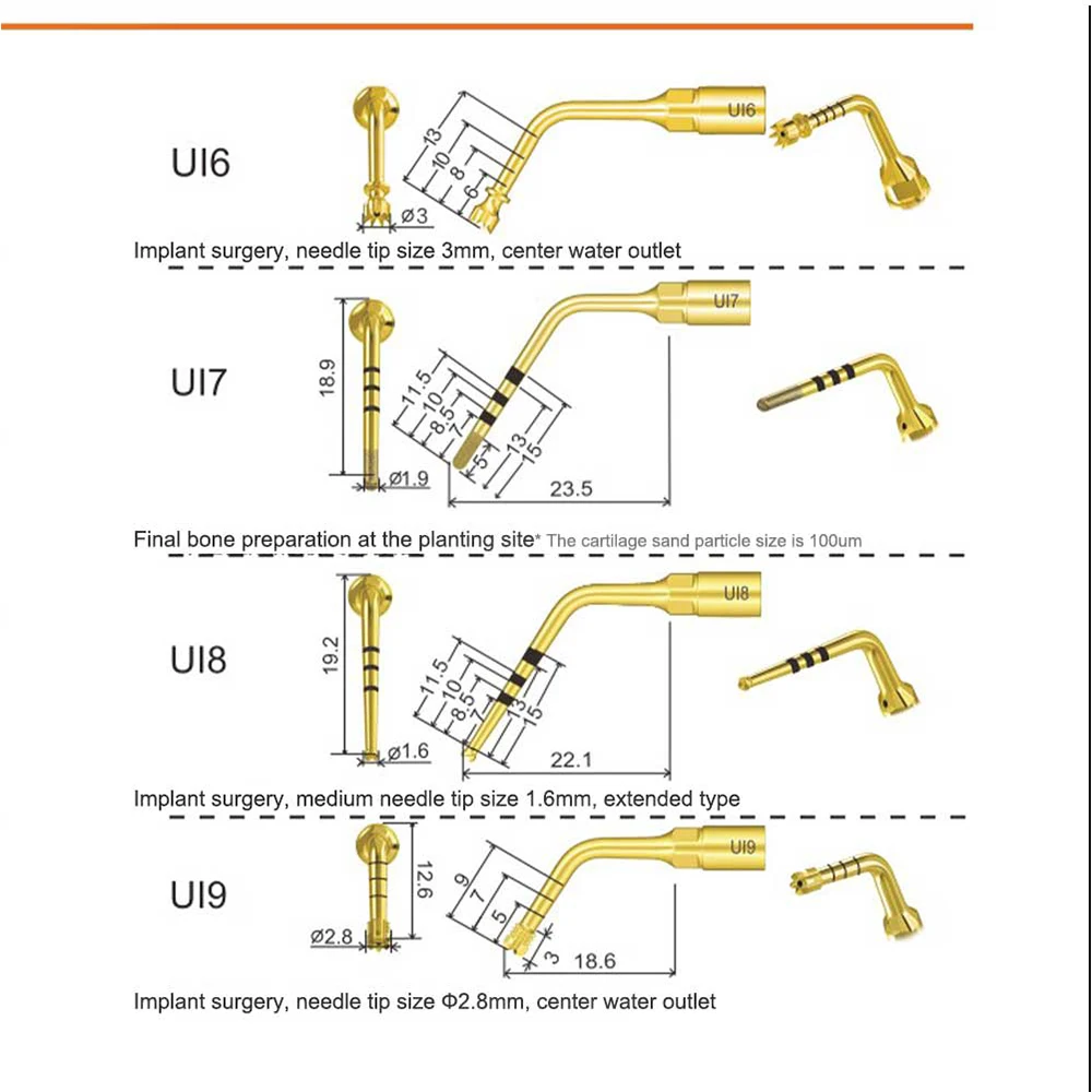 Puntas de piezocirugía dental serie US/UL/UC/UI para corte óseo y elevación de senos – Compatibles con Woodpecker Mectron