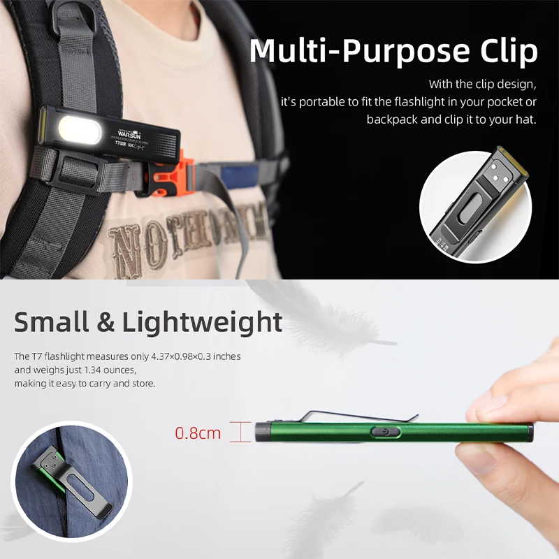 Linterna LED WARSUN T7, Mini Linterna Portátil de 800LM, Recargable, con Base Magnética y Clip, para Trabajo, Senderismo, Pesca, EDC