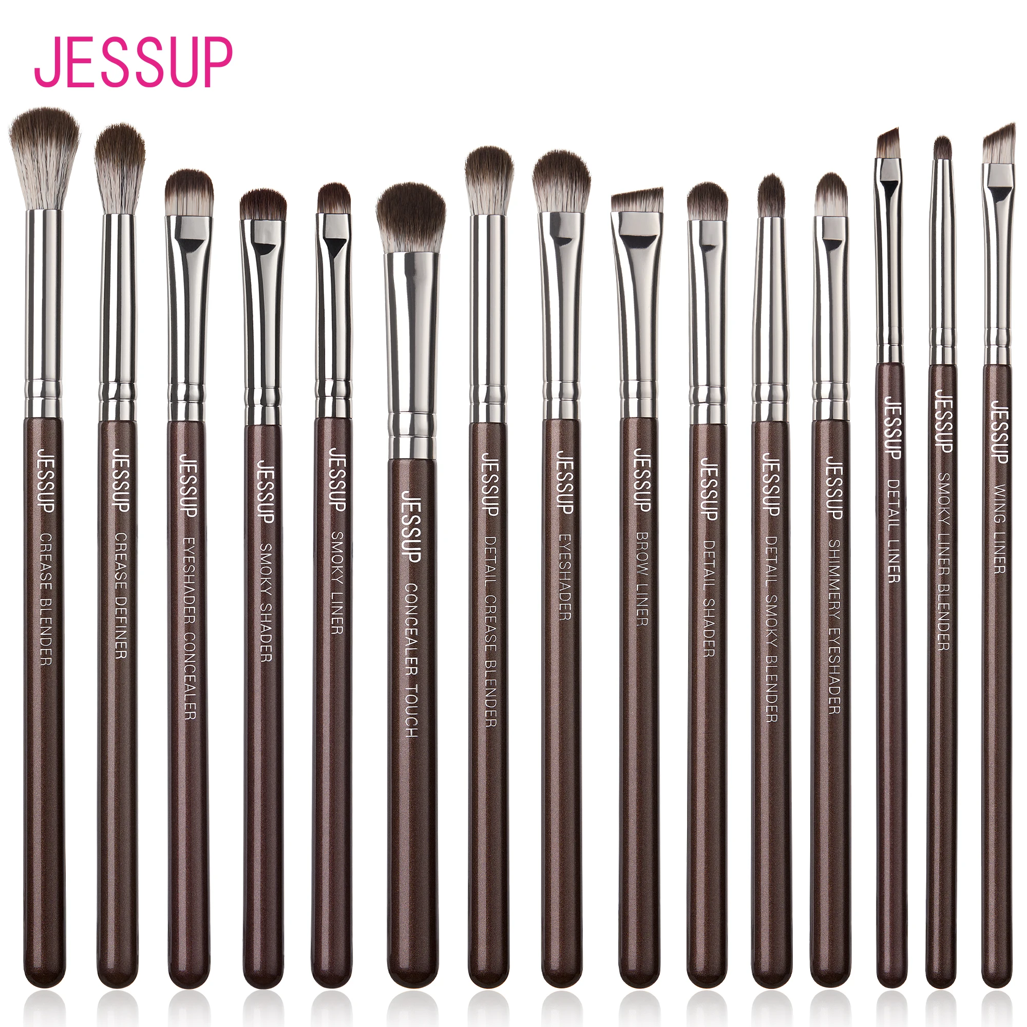 Jessup Juego de brochas de maquillaje para ojos, profesional, 15 Uds., brochas para sombra de ojos, corrector vegano, delineador de cejas, brocha para mezclar, marrón, T499