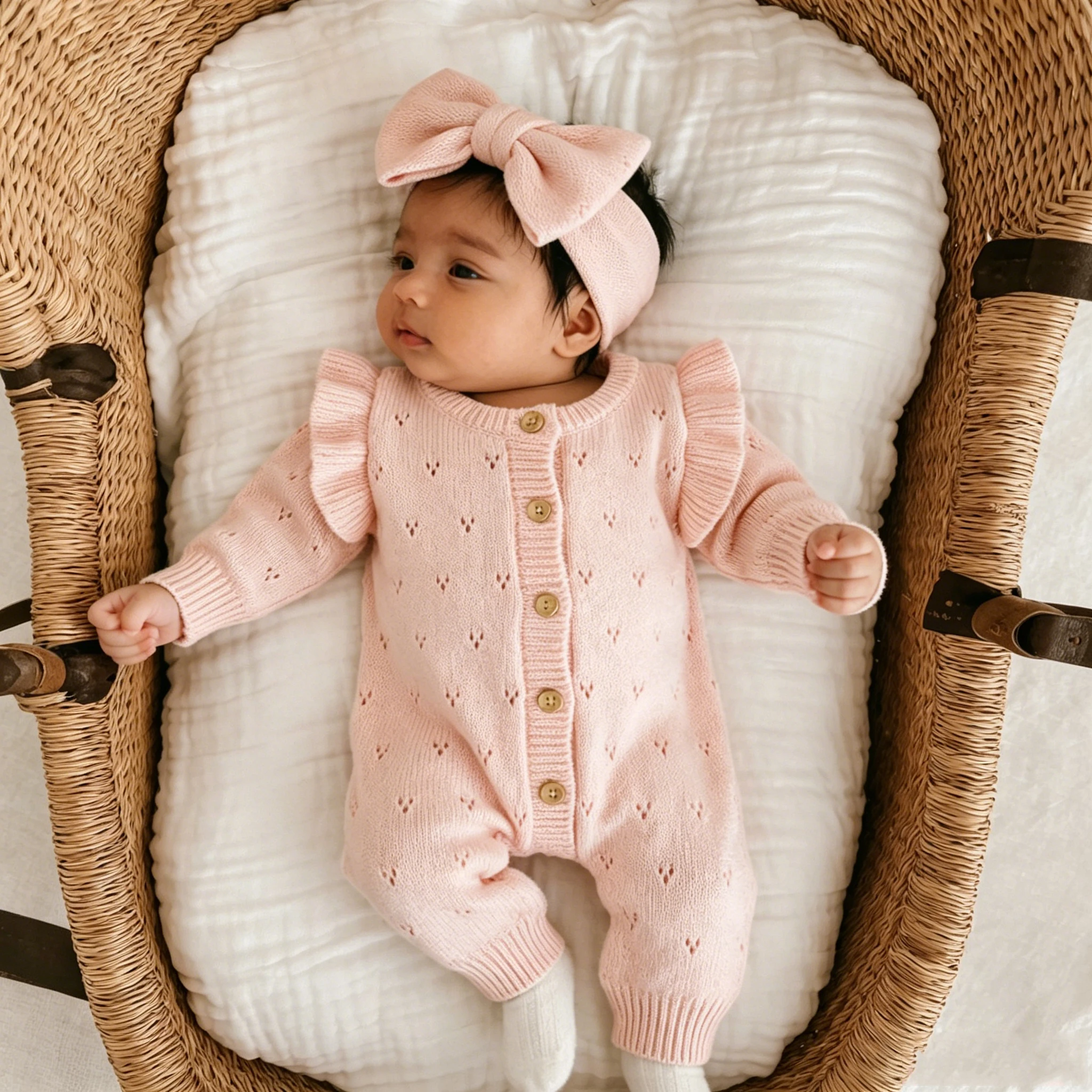 Ylsteee Conjunto de pelele de punto para bebé recién nacida con diadema de lazo, mono de punto con volantes y corazones para fotografía y uso diario de 0 a 3 meses