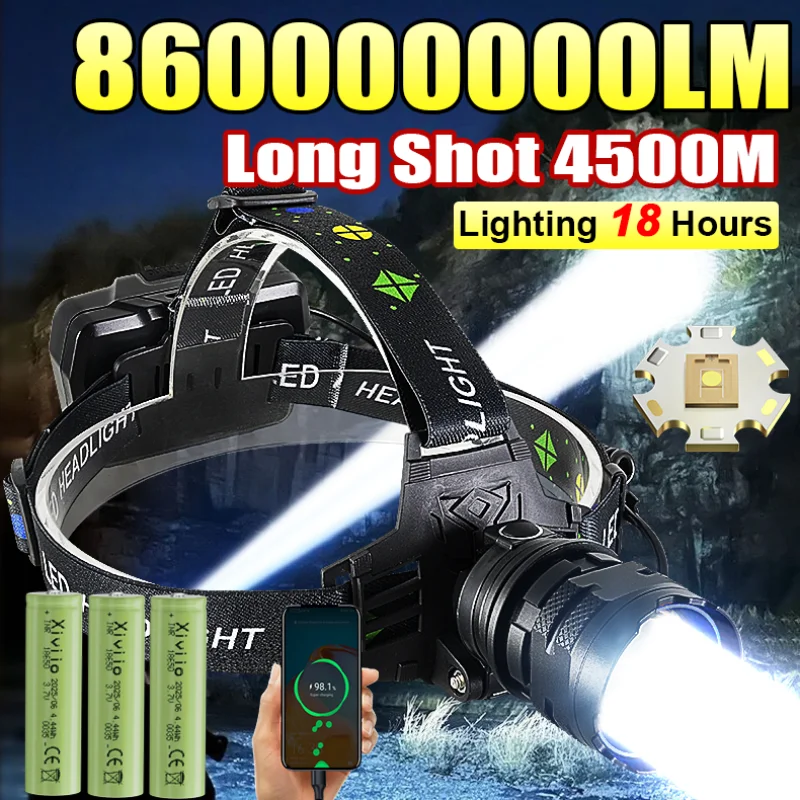 Linterna frontal LED ultrapotente de 860000000LM, linterna frontal superbrillante de largo alcance de 4500M, linterna frontal recargable para pesca y caza