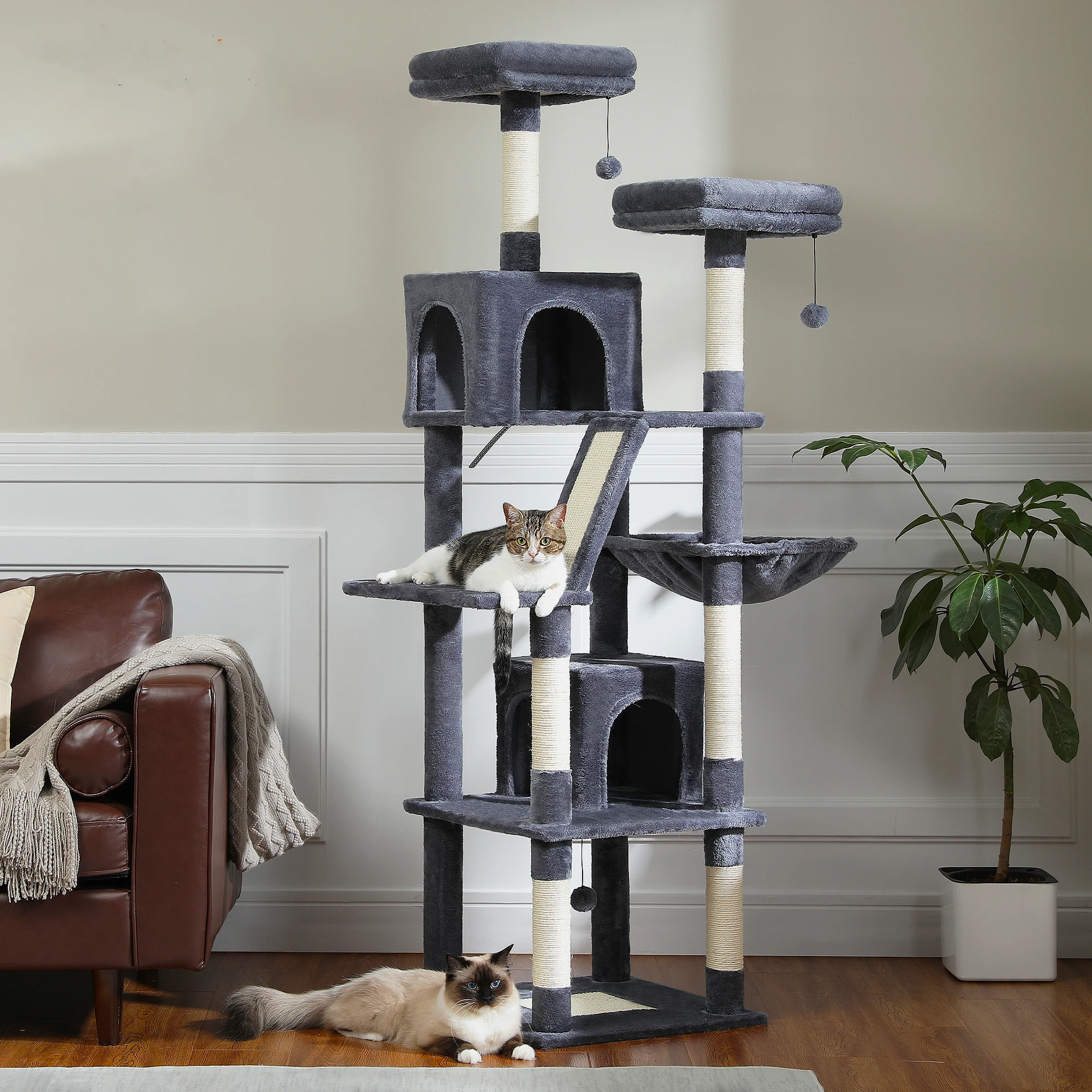 Árbol grande para gatos, torre alta para gatos de interior, Condo de gato de peluche de varios niveles con postes para rascar, tablas para rascar, perchas, cuádruplas