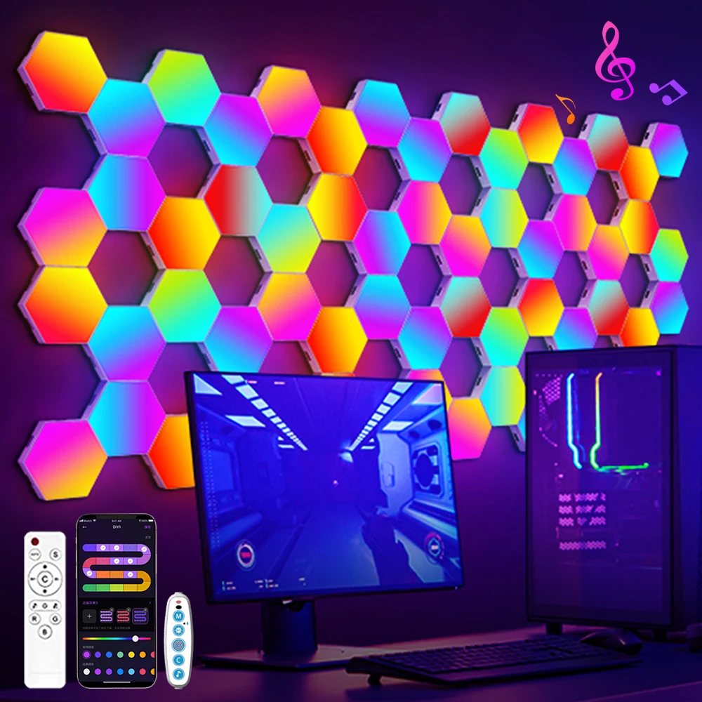 Lámpara de pared hexagonal inteligente RGB con cambio de color, luz ambiental nocturna, forma personalizable, control mediante aplicación y sincronización con el ritmo de la música, ideal para salas de juegos y dormitorios.