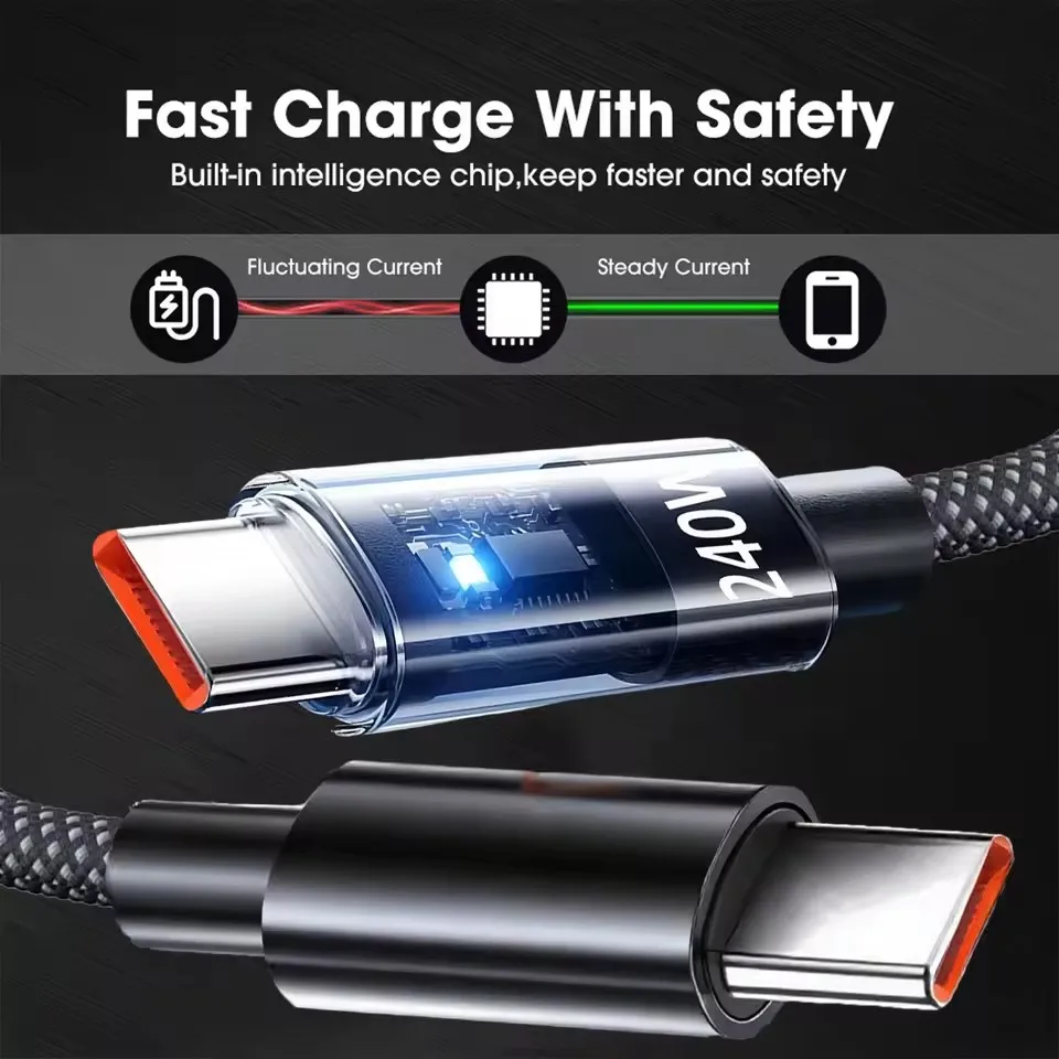 Cable de nailon de 240W, Cable de carga súper rápido USB tipo C para Samsung, Xiaomi, Huawei, Honor, pantalla Digital LED, Cable de datos de cargador rápido