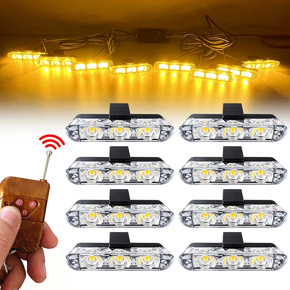 Luz Estroboscópica LED Ámbar de 3 LED con Control Remoto Inalámbrico, Luces Estroboscópicas para Parrilla de Coche, Luces LED de Emergencia para Vehículos, Lámpara de Señalización Intermitente de 12V