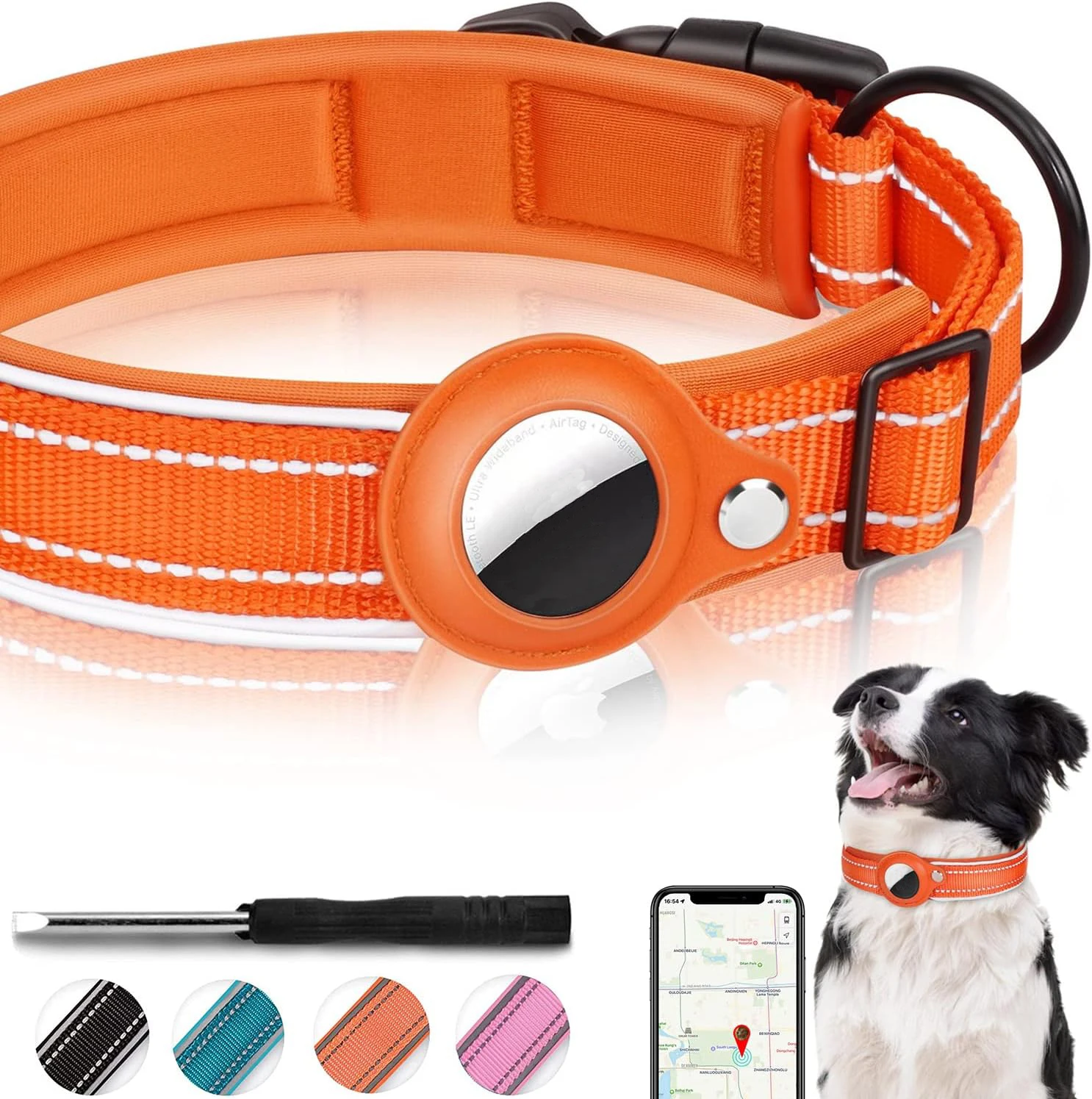 Collar reflectante para perros AirTag, Collar para perros resistente con soporte AirTag ajustable, accesorios para perros pequeños, medianos y grandes