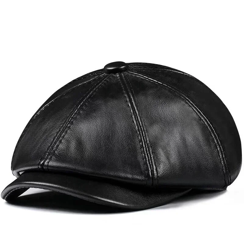 Gorro de cuero 2024 genuino para hombre, boina de cuero de vaca, algodón cálido, acolchado de marca, marrón/negro, pato, nuevo