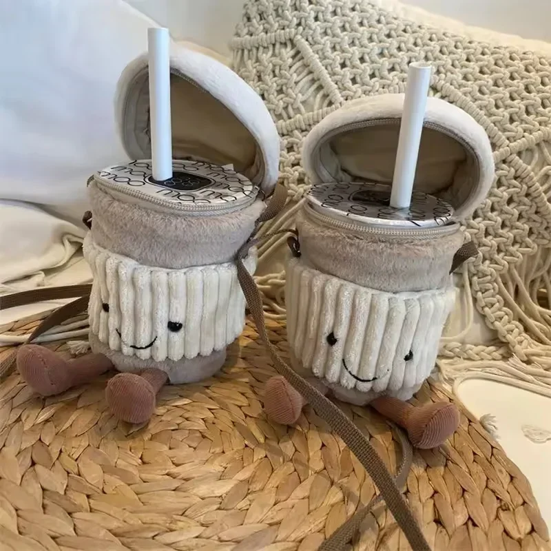 Réplica de bolsa de té de la leche y café de dibujos animados, colgante interesante, llavero de juguete de peluche, muñecas, tazas de acompañamiento, bolsas cruzadas de felpa