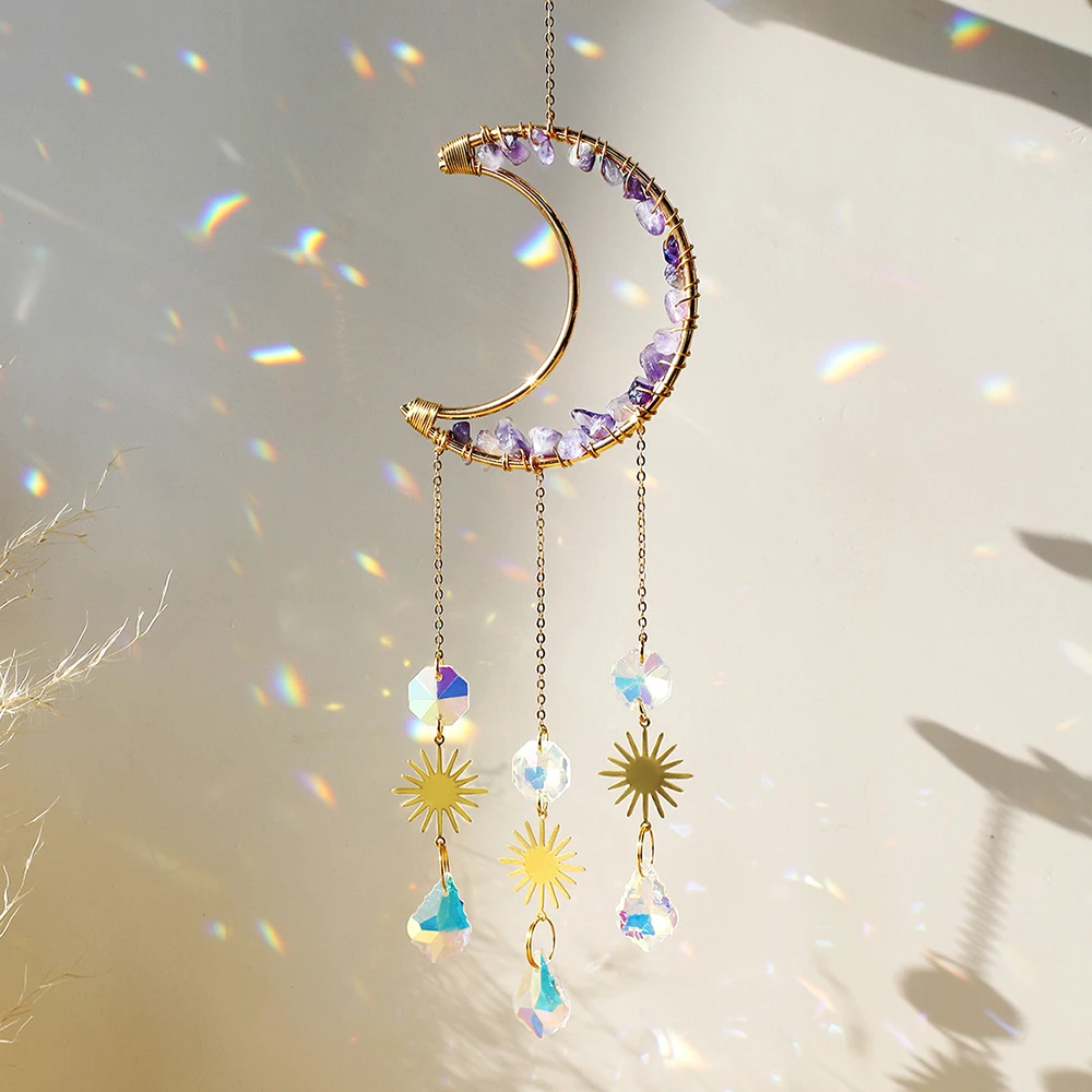 Atrapasueños de amatista con piedras preciosas de cristal y Luna, atrapasueños para decoración del hogar, ventana de cristal de arcoíris, decoración de jardín y patio al aire libre