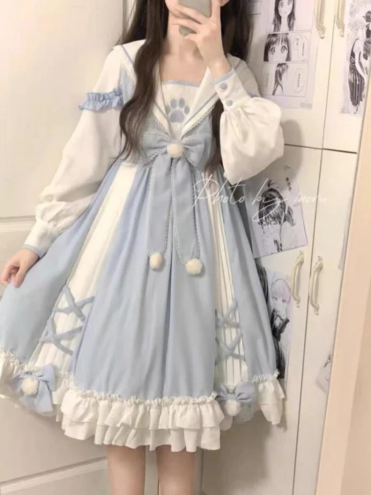 Vestido De talla grande azul De Lolita para Mujer, Vestidos De manga larga con lazo y cuello marinero, novedad De primavera 2025, Vestidos De Mujer De manga larga