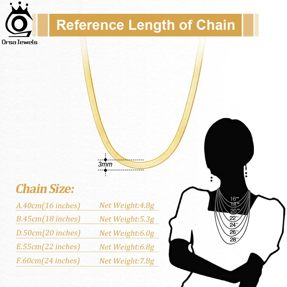 ORSA JEWELS-collar de cadena plana Flexible de oro de 3mm para mujer, de Plata de Ley 925, cadena de serpiente en espiga, joyería para el cuello SC35